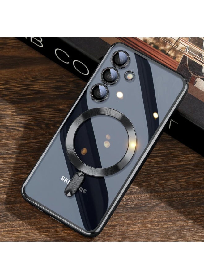 For Samsung Galaxy A55 Magnetic Case, Compatible with MagSafe, Built-in Camera Lens Protector, Luxury Plating Soft TPU Clear Shockproof Slim Thin Cover -Black - Image 5